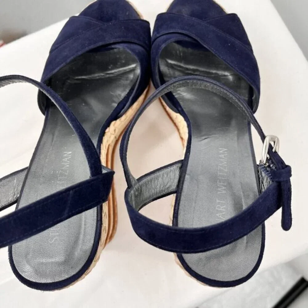 Stuart Weitzman Wedge Heeled Sandals Suede Navy Blue/Ivory 11.5 Ankle Strap Open